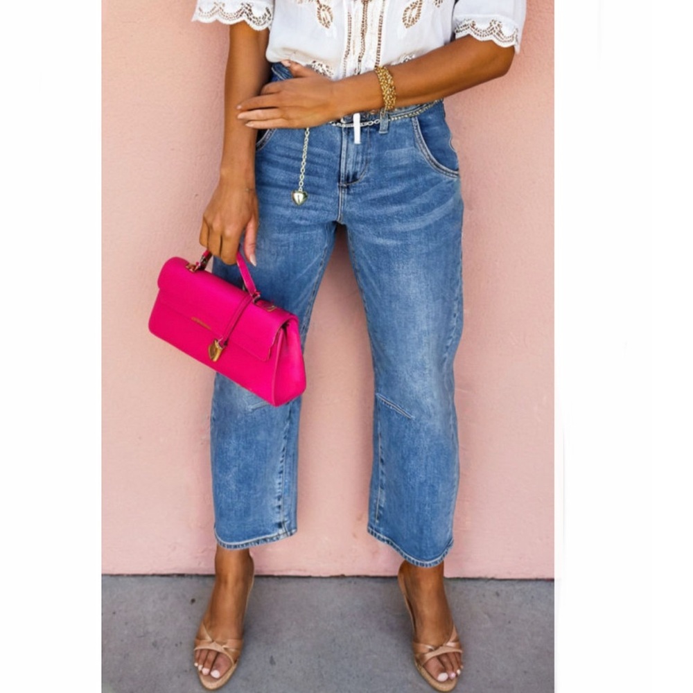 Dusk Blue Seam Detail Cropped Barrel Jeans